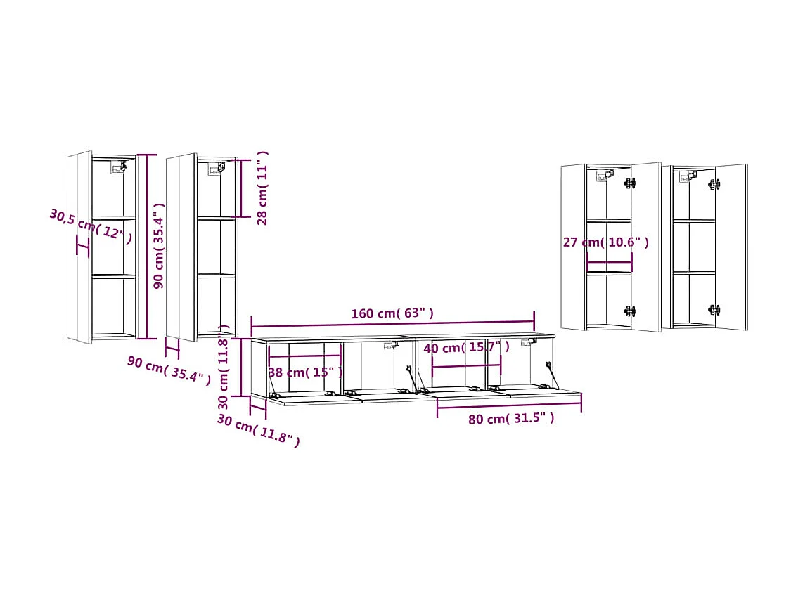 Set de muebles de TV 6 piezas madera contrachapada roble ahumado