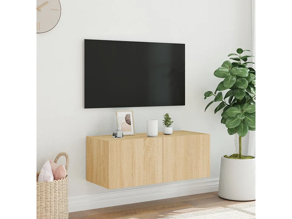 Meuble TV mural avec lumières LED chêne sonoma 80x35x31 cm