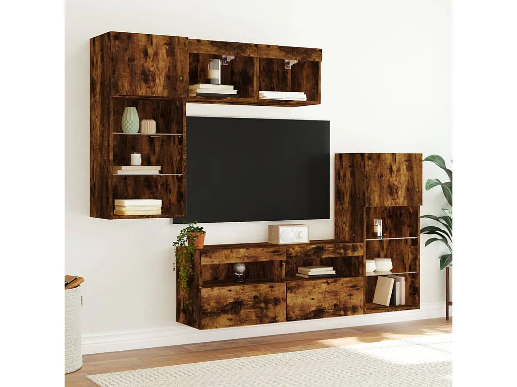 Unités murales TV avec LED 5 pièces chêne fumé bois d'ingénierie