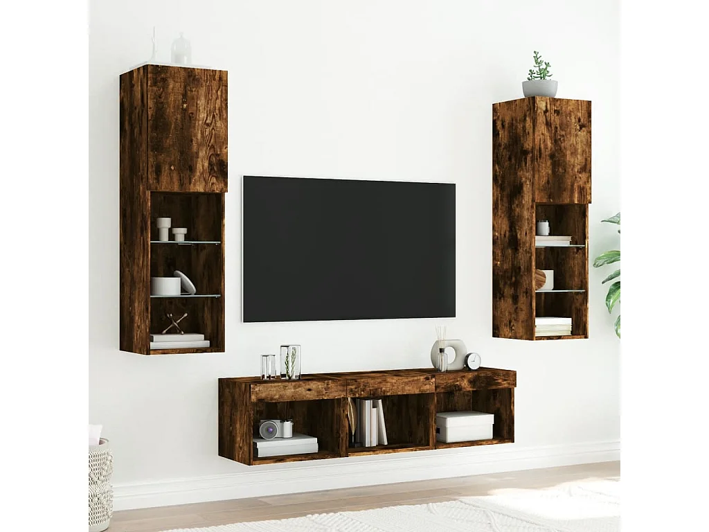 5-delige tv-wandmeubelset met LED bewerkt hout gerookt eiken