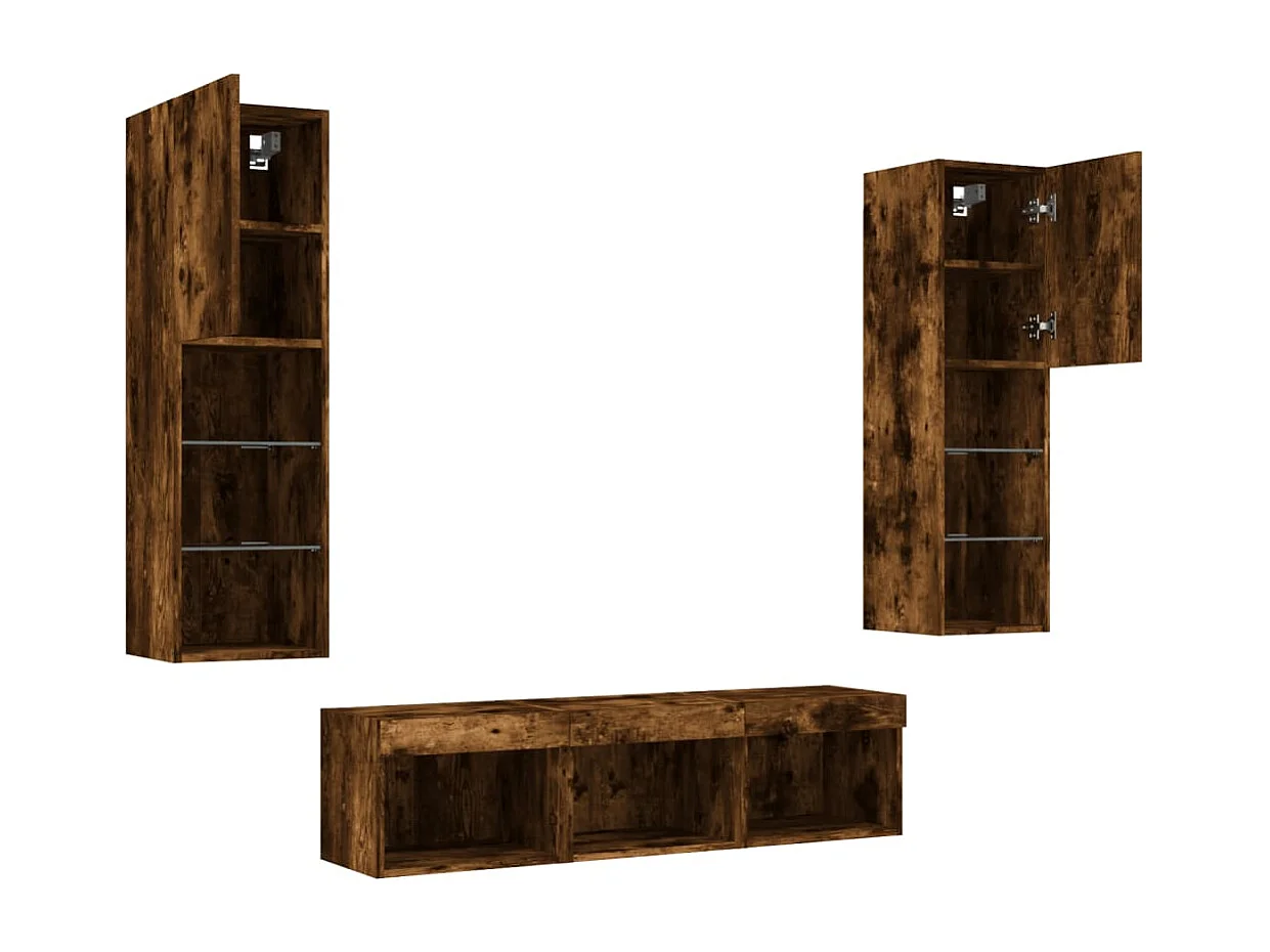 5-delige tv-wandmeubelset met LED bewerkt hout gerookt eiken