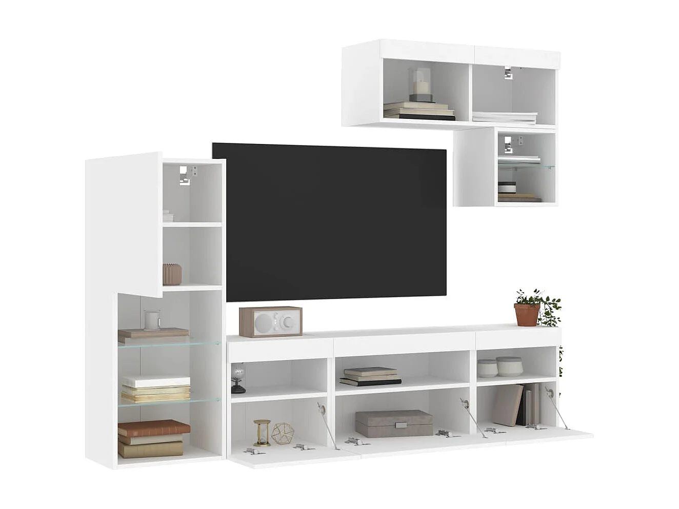 6-delige Tv-wandmeubelset met LED-verlichting bewerkt hout wit