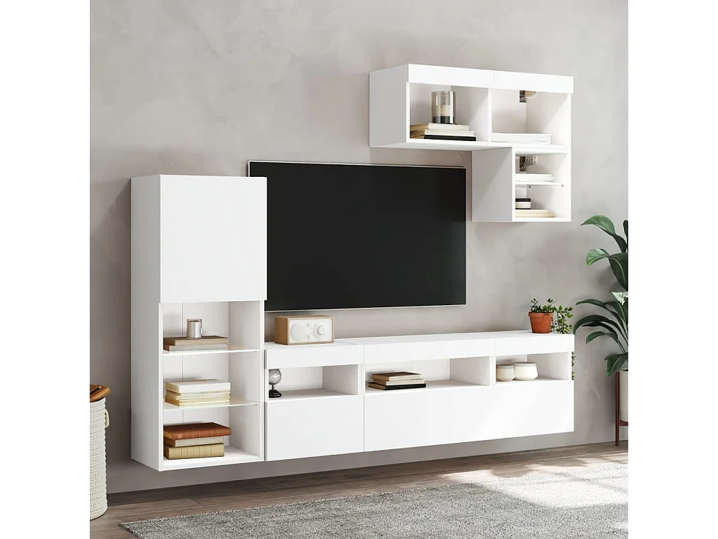 6-delige Tv-wandmeubelset met LED-verlichting bewerkt hout wit