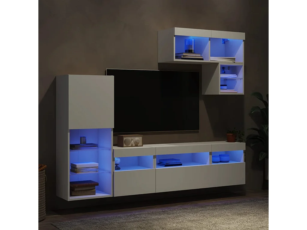 6-delige Tv-wandmeubelset met LED-verlichting bewerkt hout wit