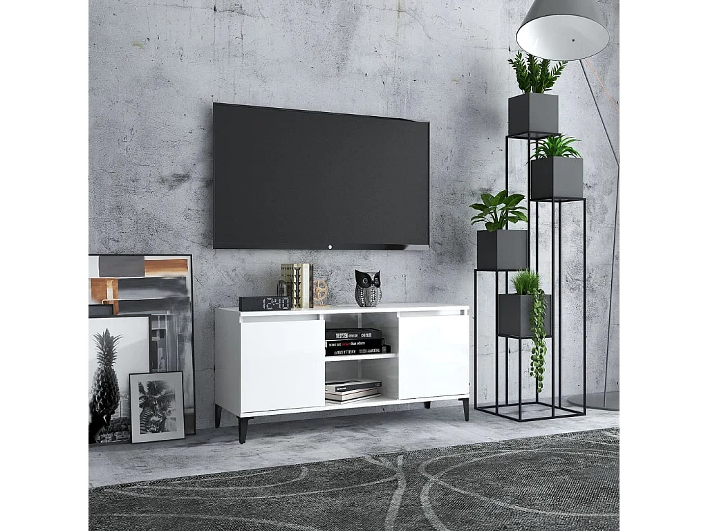 Mueble de TV con patas de metal blanco brillante 103,5x35x50 cm