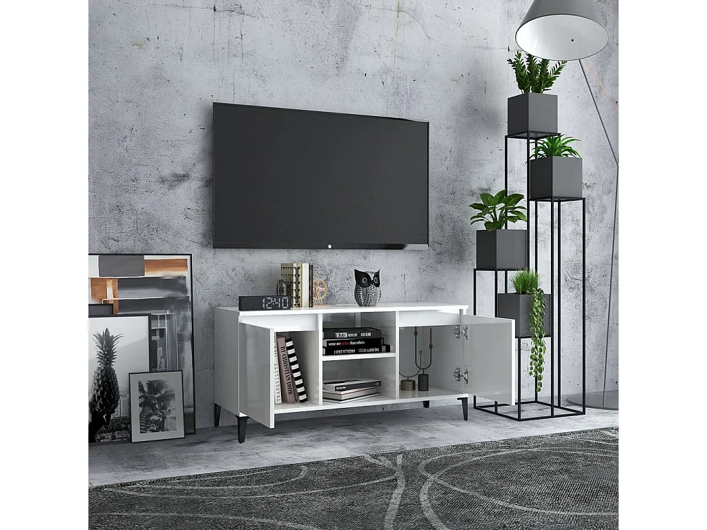 Mueble de TV con patas de metal blanco brillante 103,5x35x50 cm