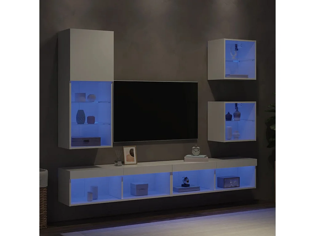 Unités murales TV avec LED 5 pièces blanc bois d'ingénierie