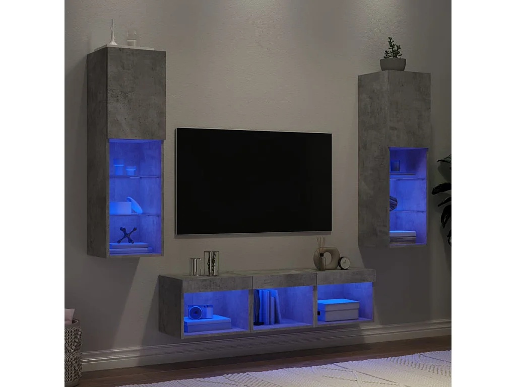 5-delige Tv-wandmeubelset met LED bewerkt hout betongrijs