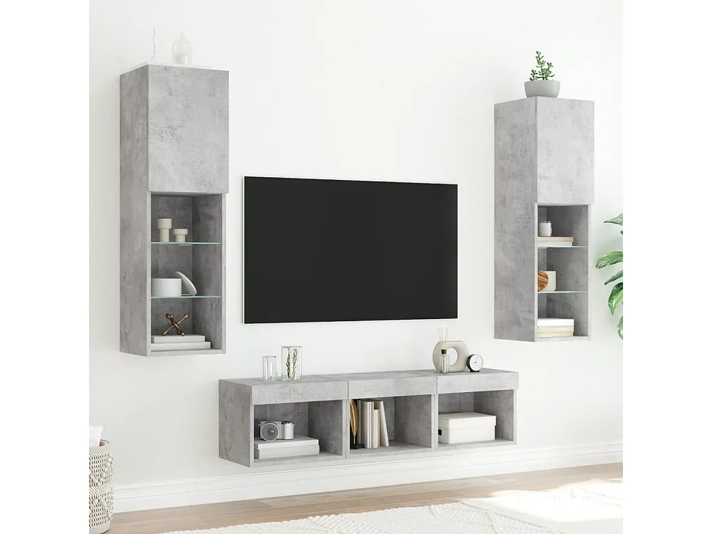 5-delige Tv-wandmeubelset met LED bewerkt hout betongrijs