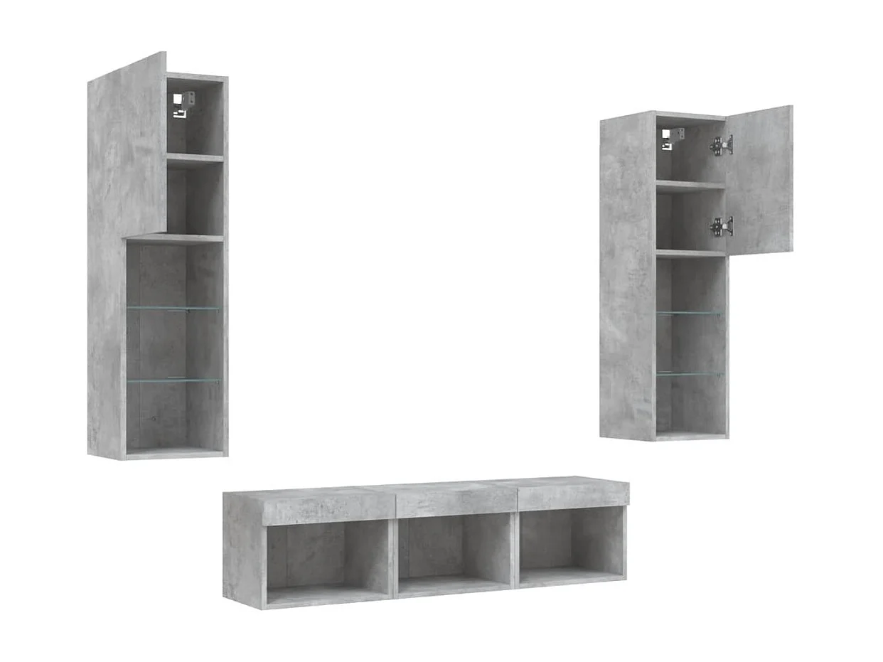 5-delige Tv-wandmeubelset met LED bewerkt hout betongrijs