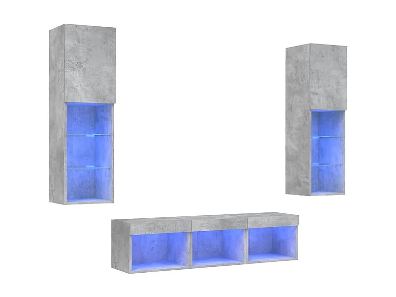 5-delige Tv-wandmeubelset met LED bewerkt hout betongrijs