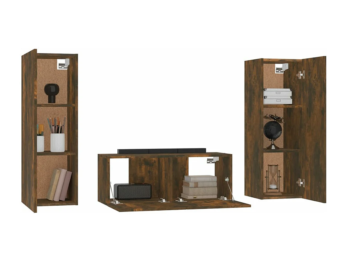 Set de muebles de TV 3 piezas madera contrachapada roble ahumado