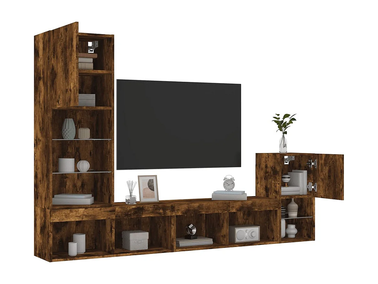 4peças móveis parede p/ TV c/ LEDs deriv. madeira carvalho fumado