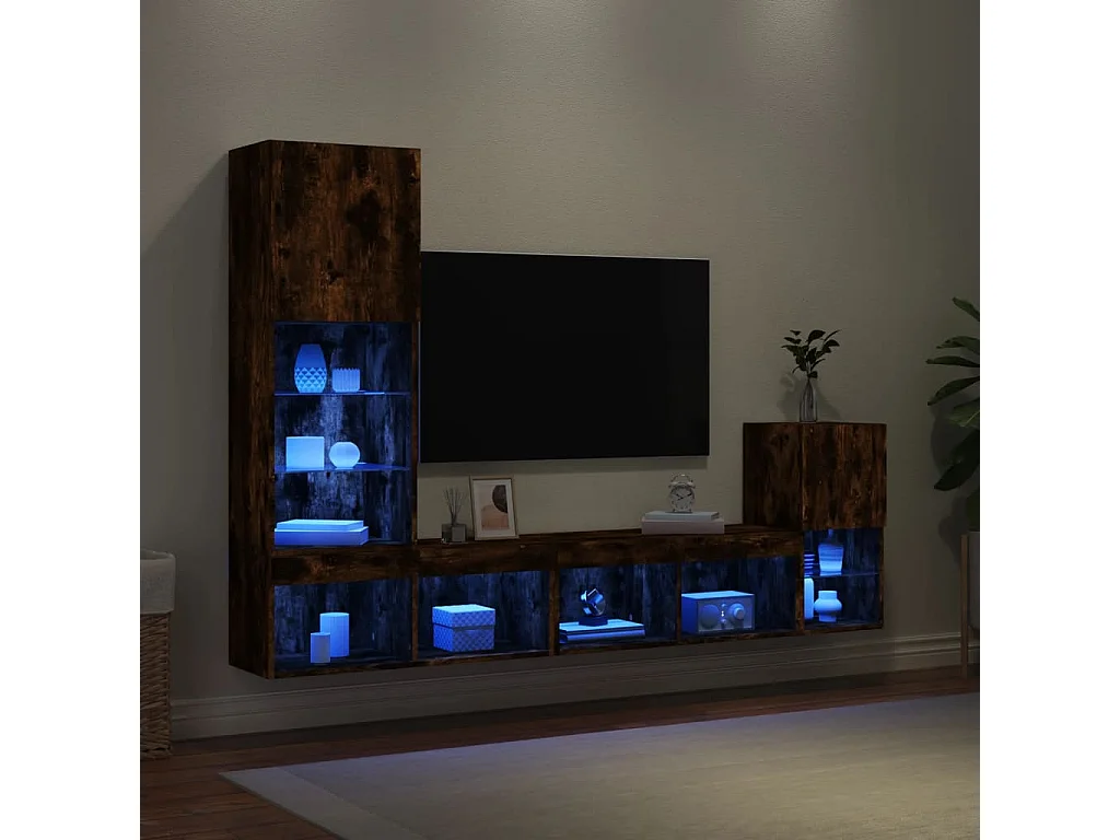 4peças móveis parede p/ TV c/ LEDs deriv. madeira carvalho fumado