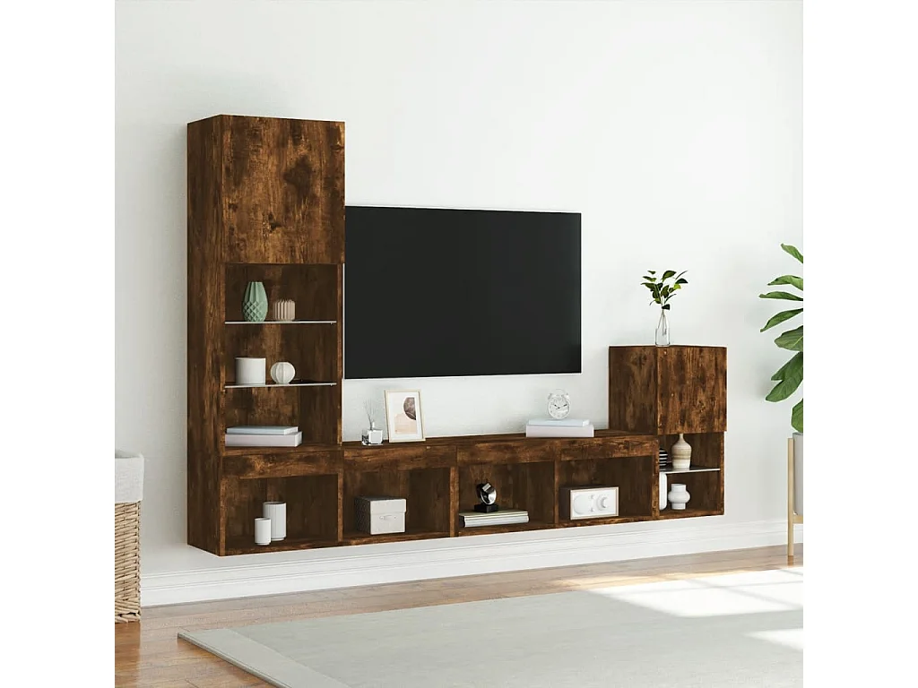 4peças móveis parede p/ TV c/ LEDs deriv. madeira carvalho fumado