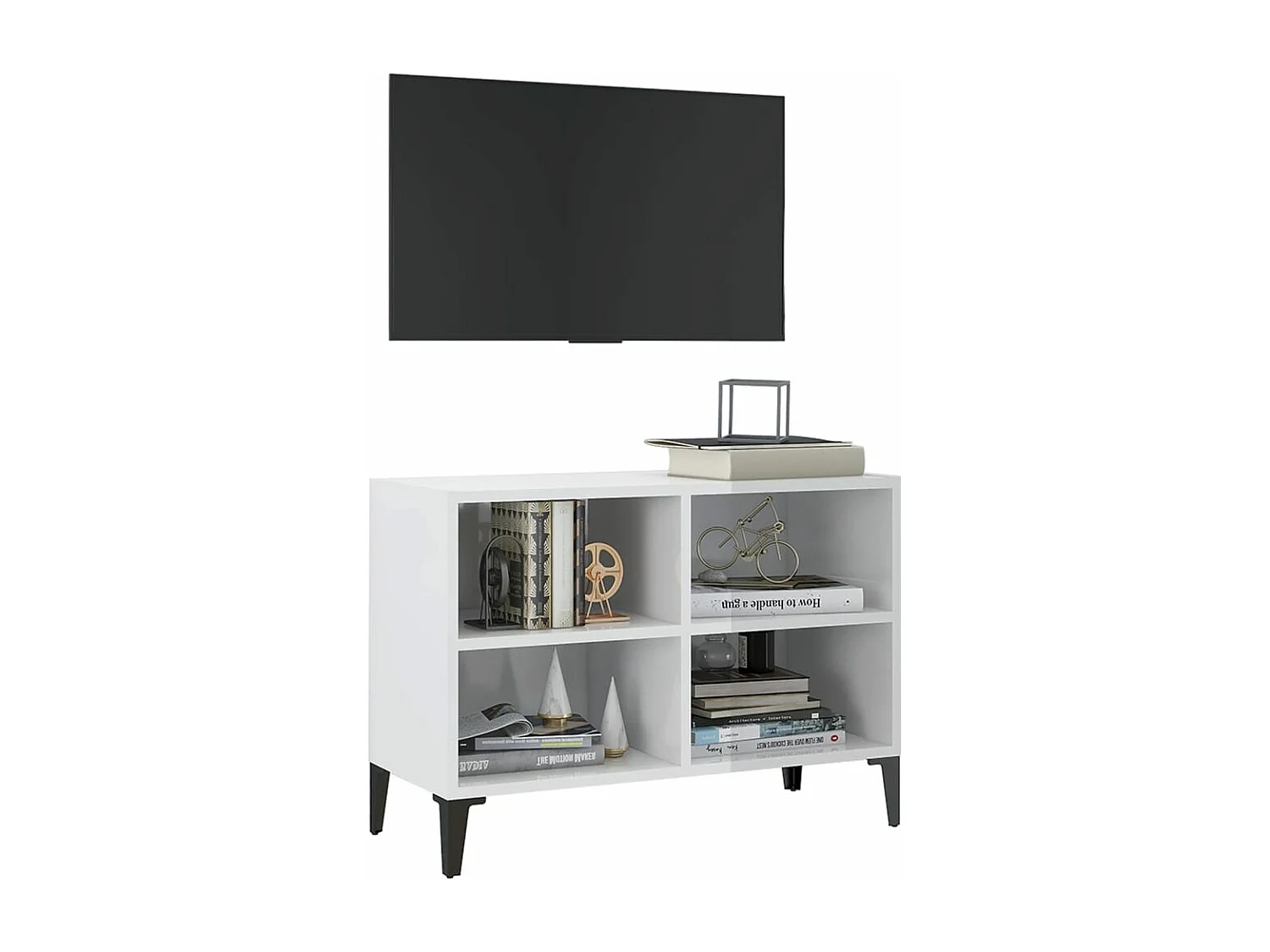 Tv-meubel met metalen poten 69,5x30x50 cm hoogglans wit