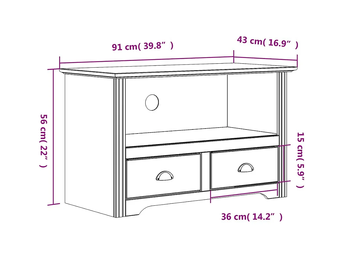 Mueble de TV con 2 cajones BODO madera pino blanco 91x43x56 cm