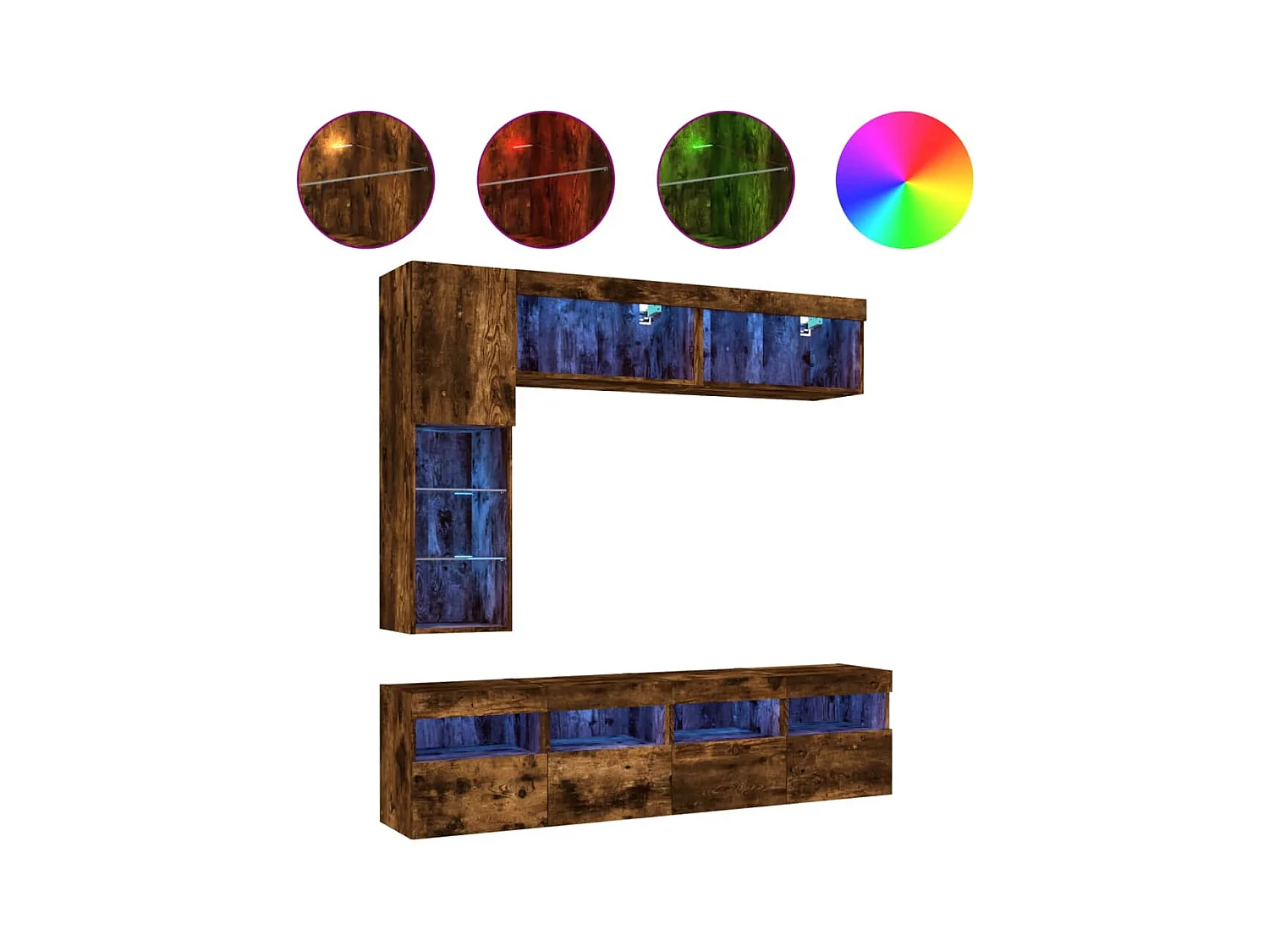 Muebles de TV de pared con luces LED 7 piezas roble ahumado