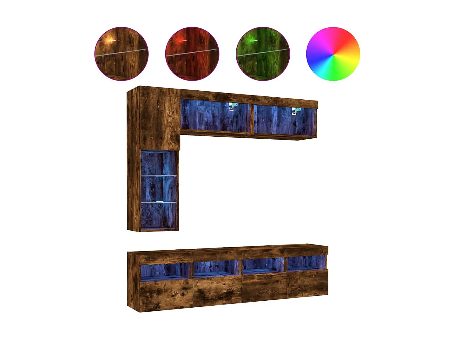 Muebles de TV de pared con luces LED 7 piezas roble ahumado