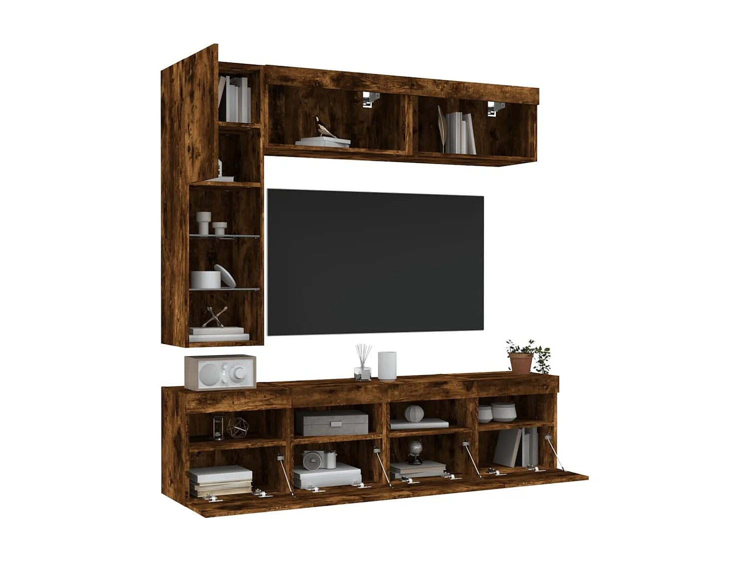 Muebles de TV de pared con luces LED 7 piezas roble ahumado