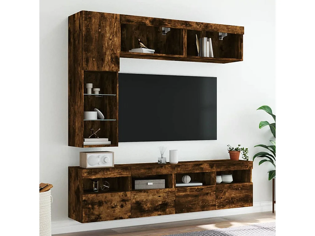 Muebles de TV de pared con luces LED 7 piezas roble ahumado