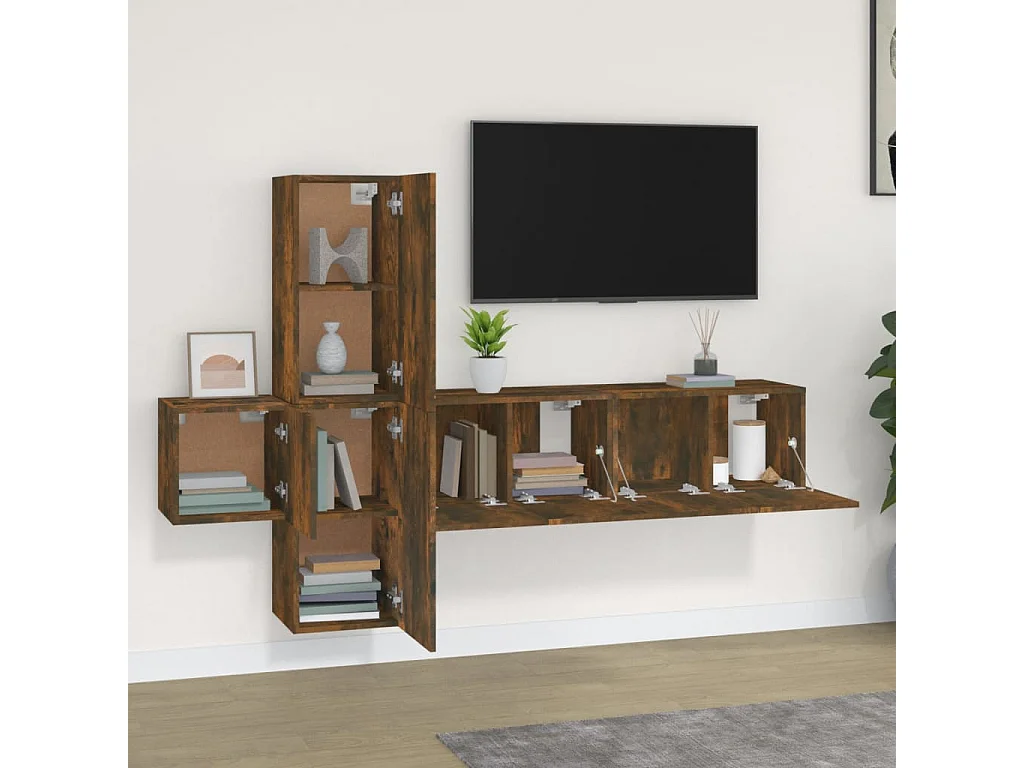 Conjunto móveis de TV 5 peças madeira processada carvalho fumado