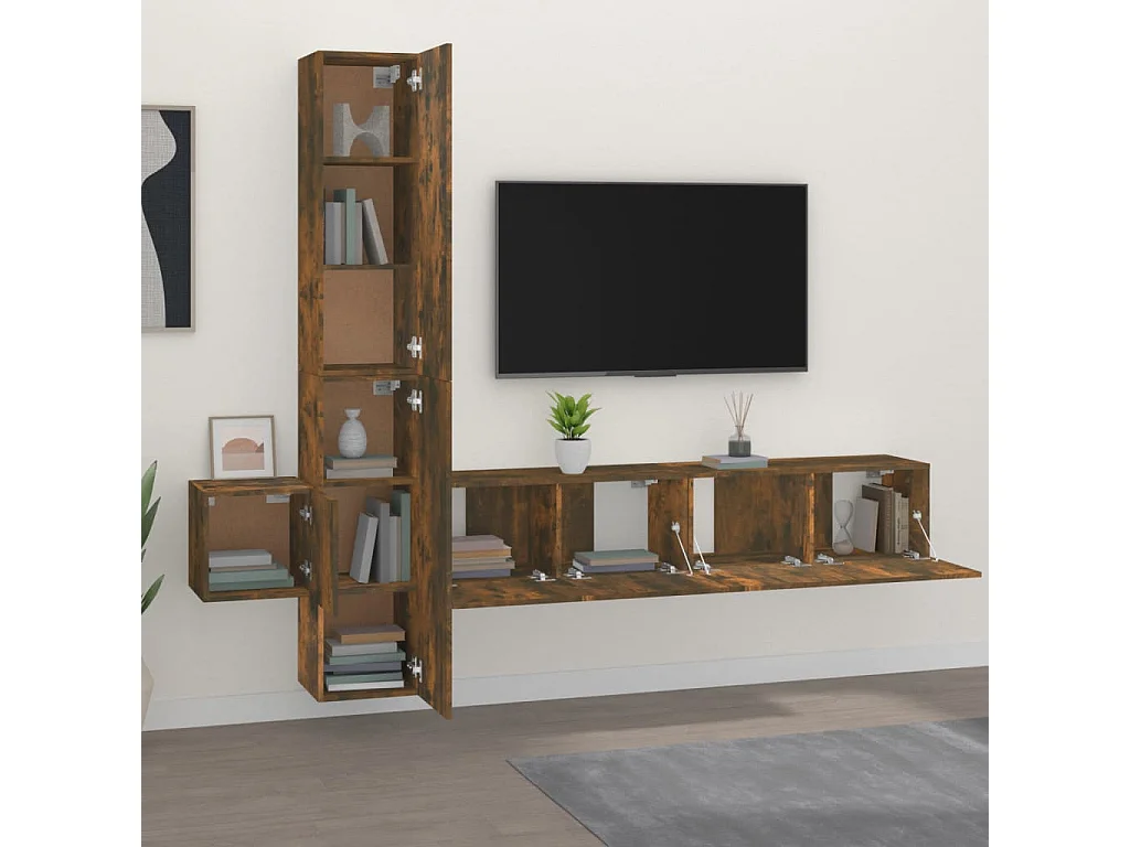 Set de muebles de TV 5 piezas madera contrachapada roble ahumado