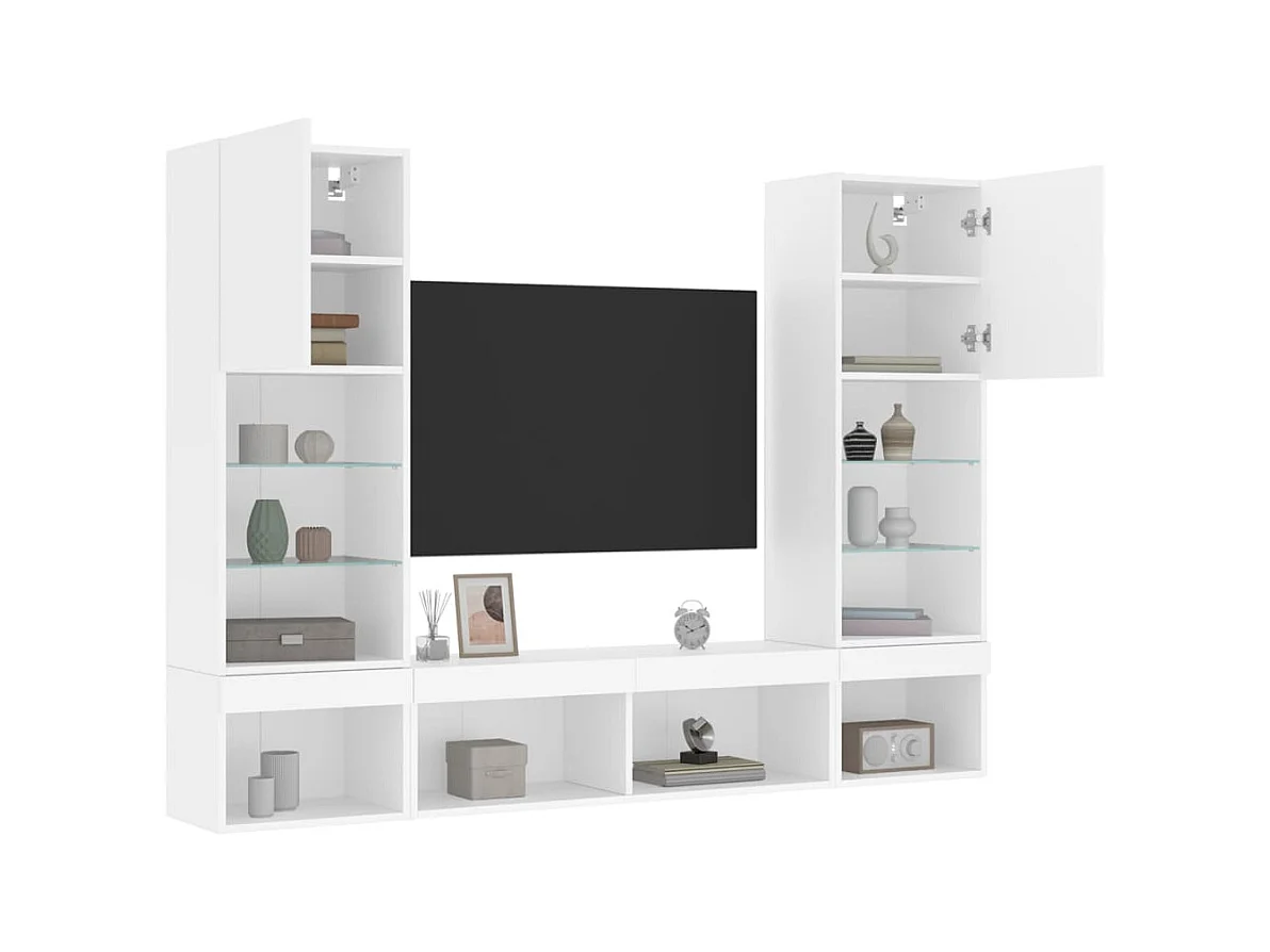 Unités murales TV avec LED 5 pièces blanc bois d'ingénierie