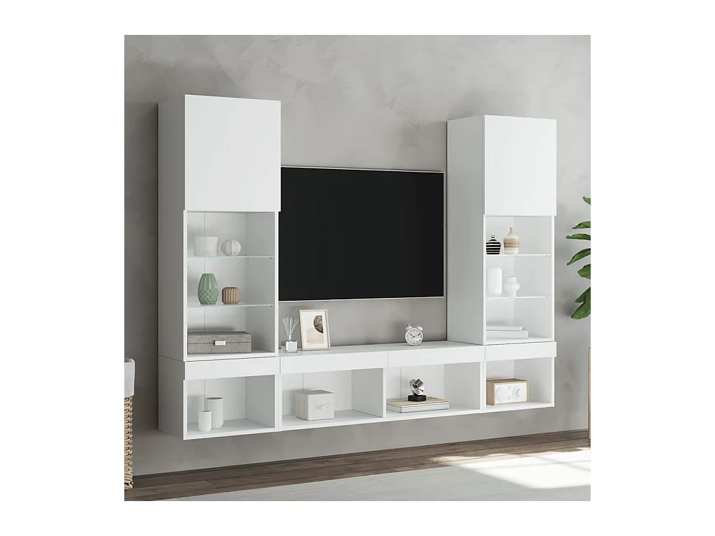 Unités murales TV avec LED 5 pièces blanc bois d'ingénierie