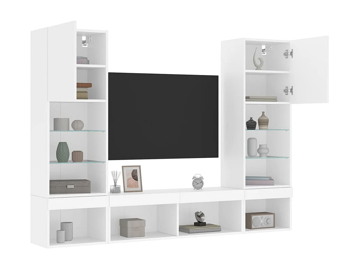 Unités murales TV avec LED 5 pièces blanc bois d'ingénierie