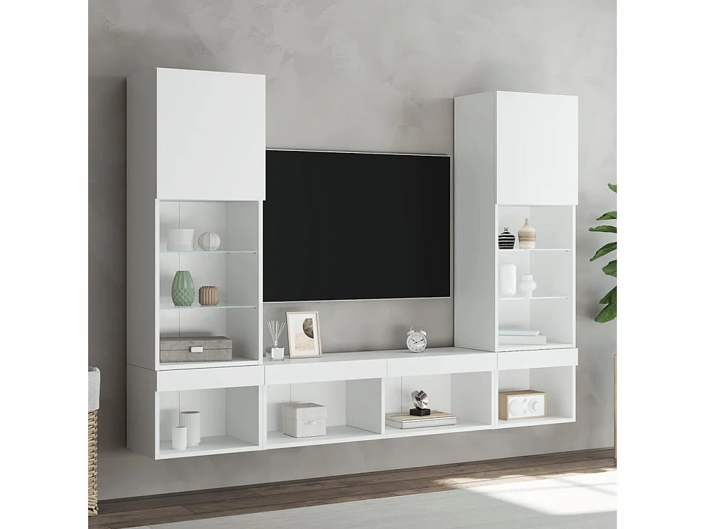 Unités murales TV avec LED 5 pièces blanc bois d'ingénierie