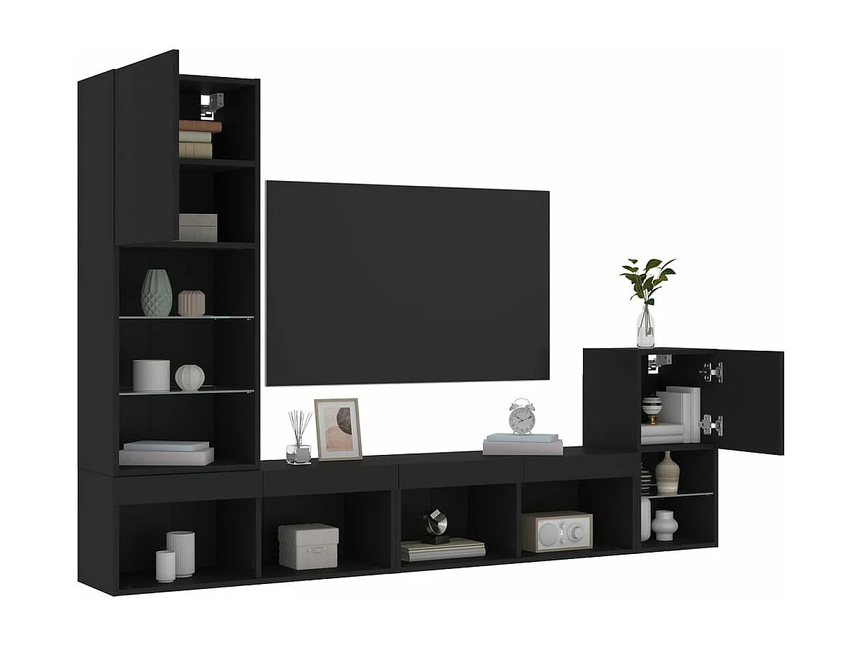 4 peças móveis de parede p/ TV c/ LEDs derivados de madeira preto