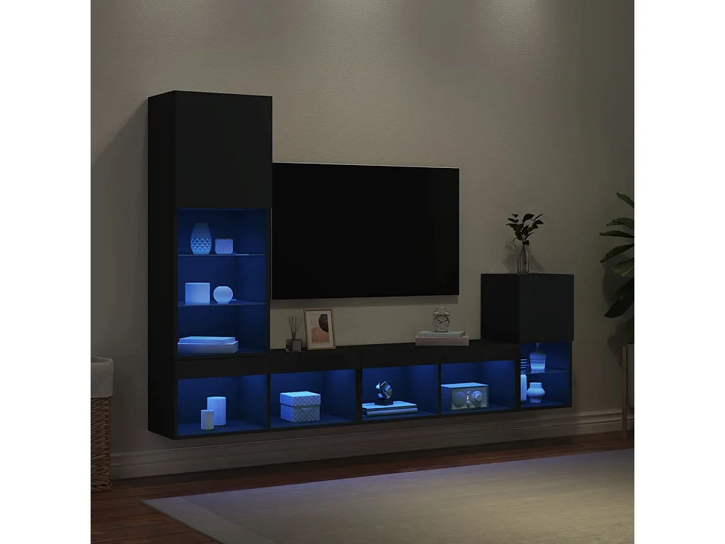 4 peças móveis de parede p/ TV c/ LEDs derivados de madeira preto