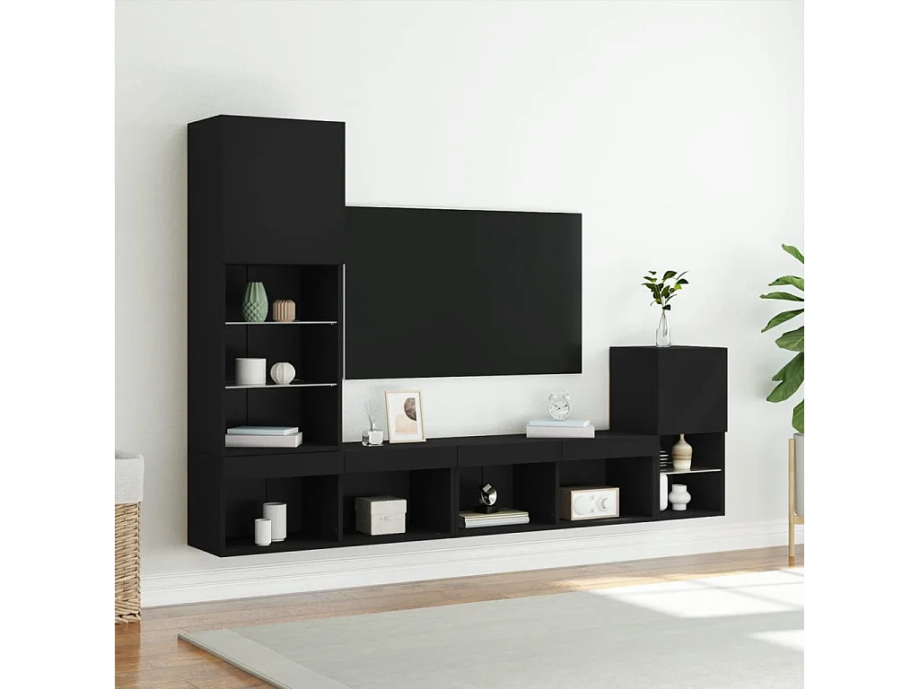 4 peças móveis de parede p/ TV c/ LEDs derivados de madeira preto