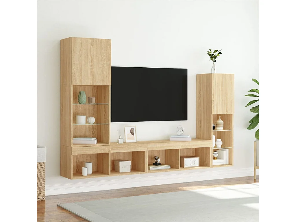 4-delige Tv-wandmeubelset met LED bewerkt hout sonoma eiken