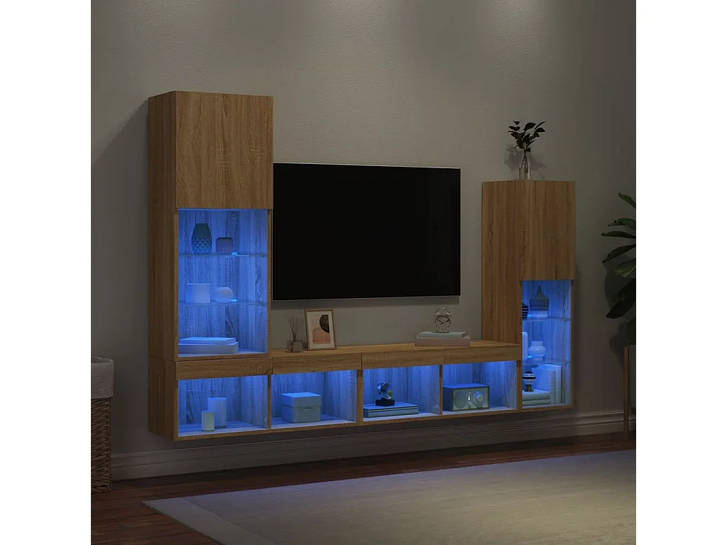 Unités murales TV avec LED 4 pièces chêne sonoma bois d'ingénierie