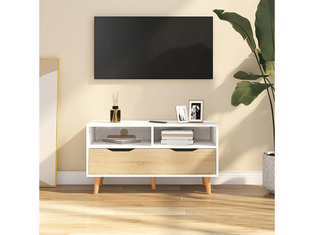 Meuble TV Blanc et chêne sonoma 90x40x48,5 cm Aggloméré