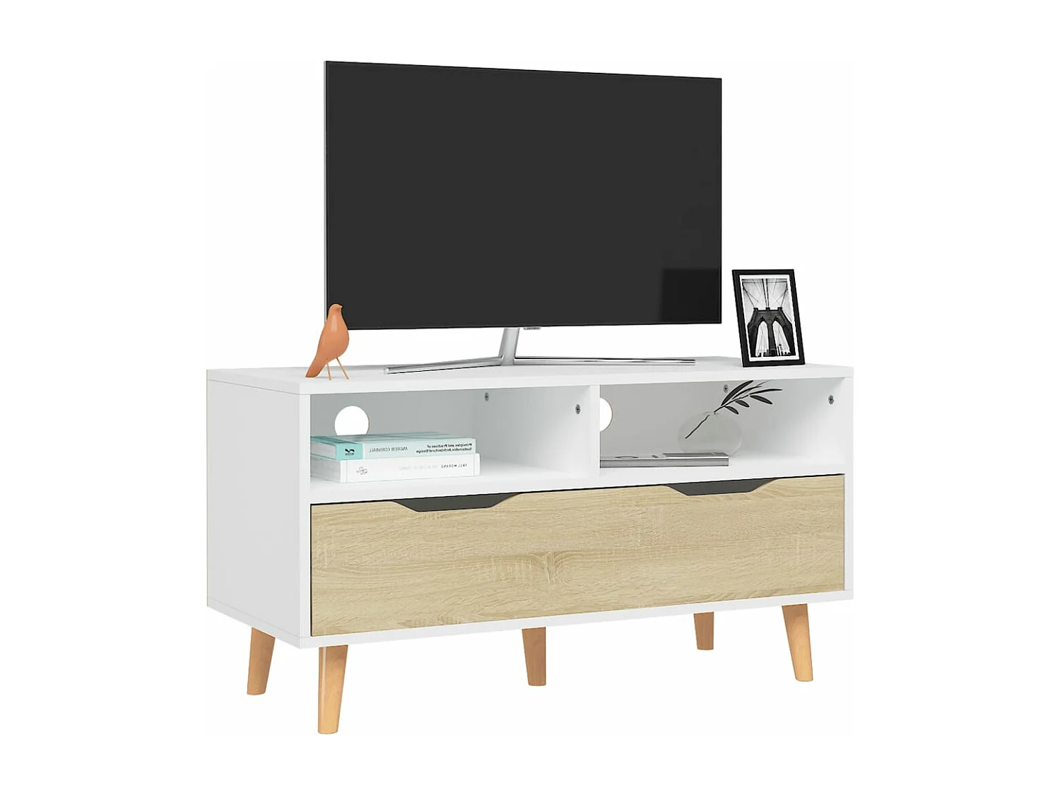Meuble TV Blanc et chêne sonoma 90x40x48,5 cm Aggloméré