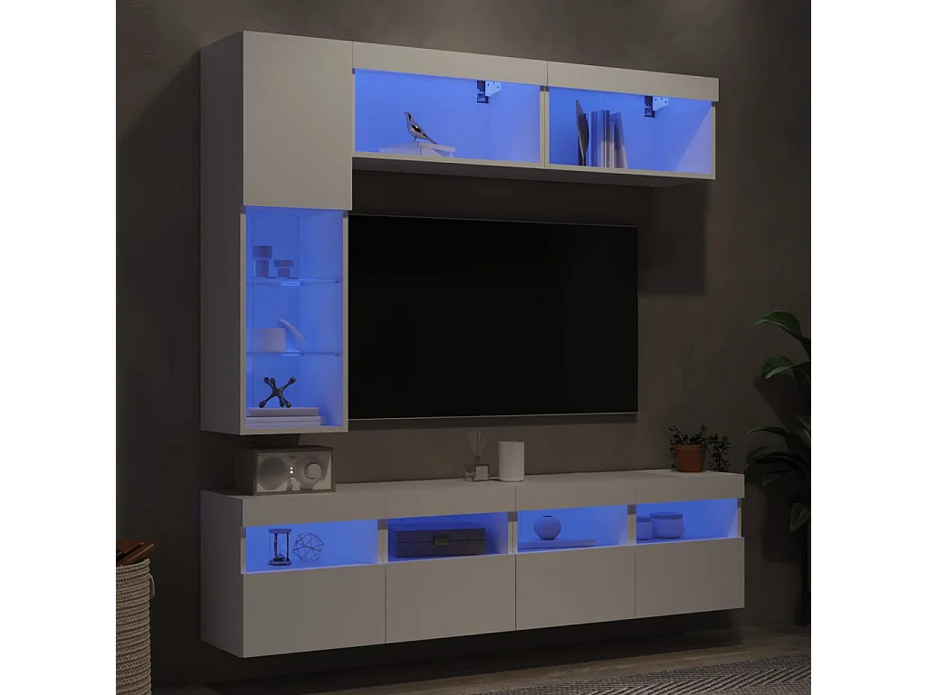 Ensemble de meubles TV muraux 7 pièces avec lumières LED blanc