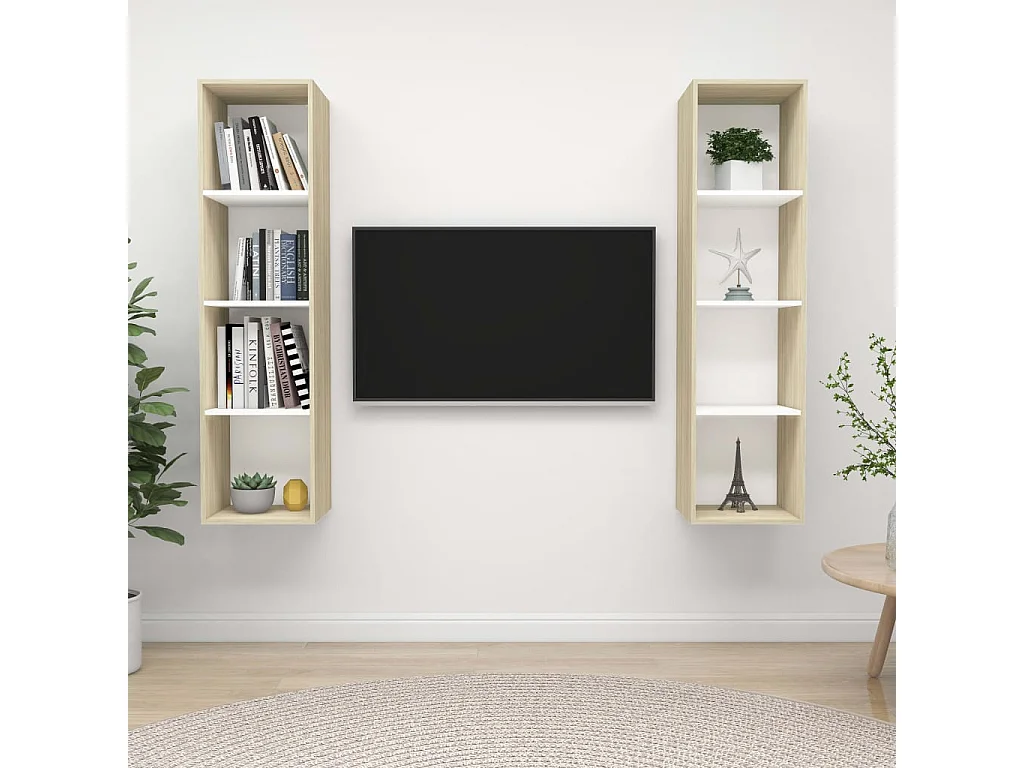 Meubles TV muraux 2 pièces Blanc et chêne sonoma Aggloméré