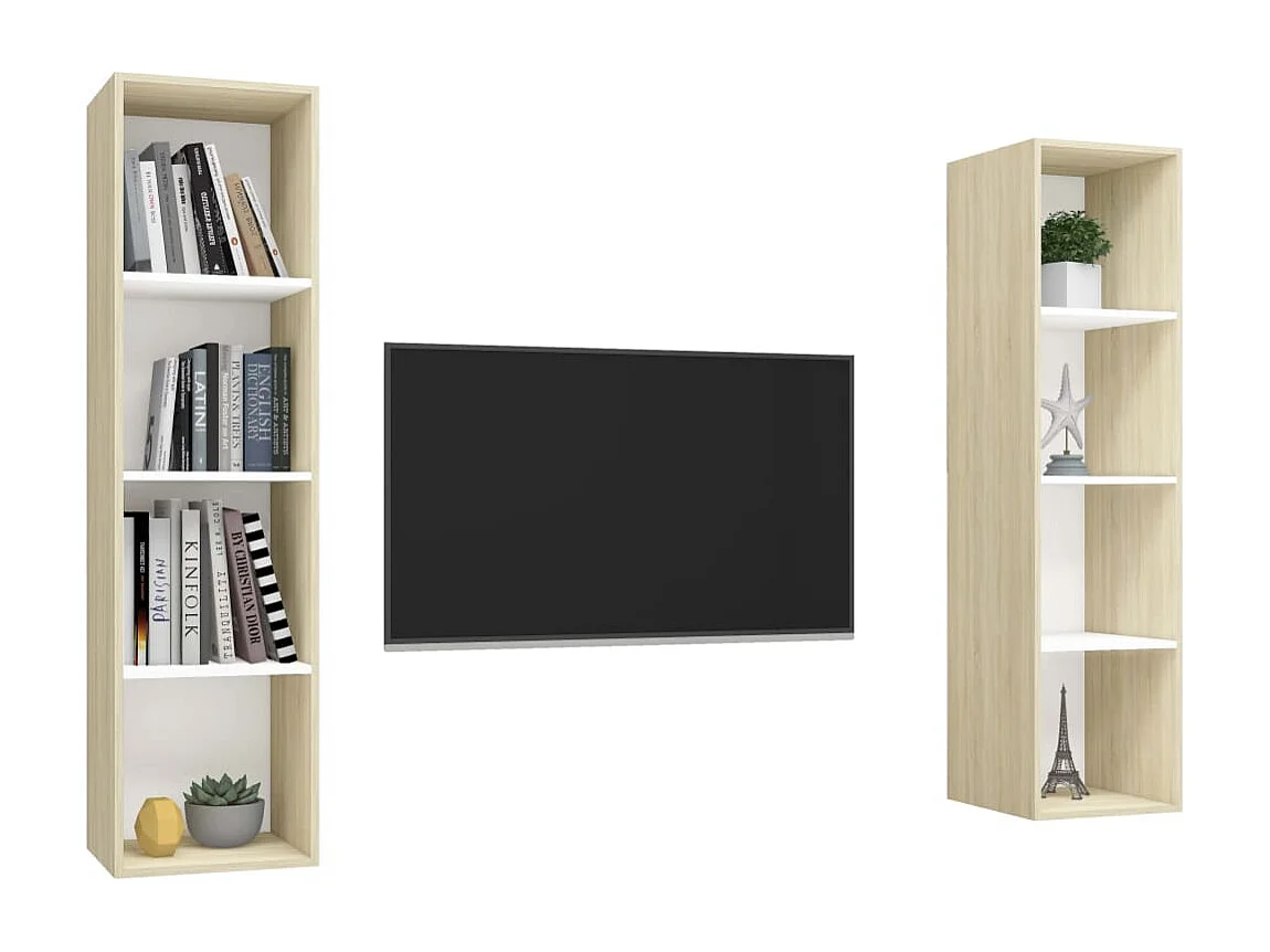 Meubles TV muraux 2 pièces Blanc et chêne sonoma Aggloméré