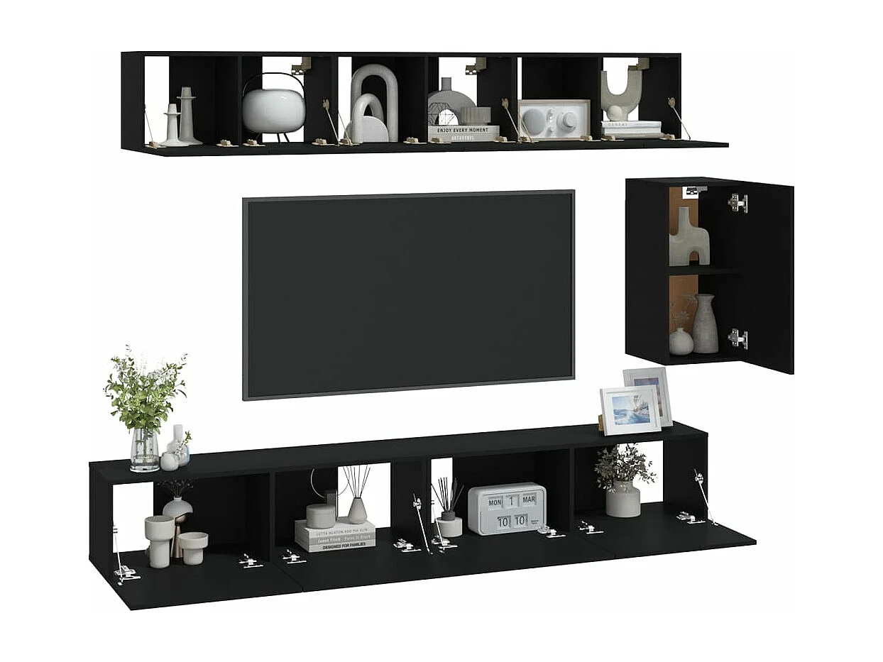 6 peças conjunto de móveis de TV derivados de madeira preto