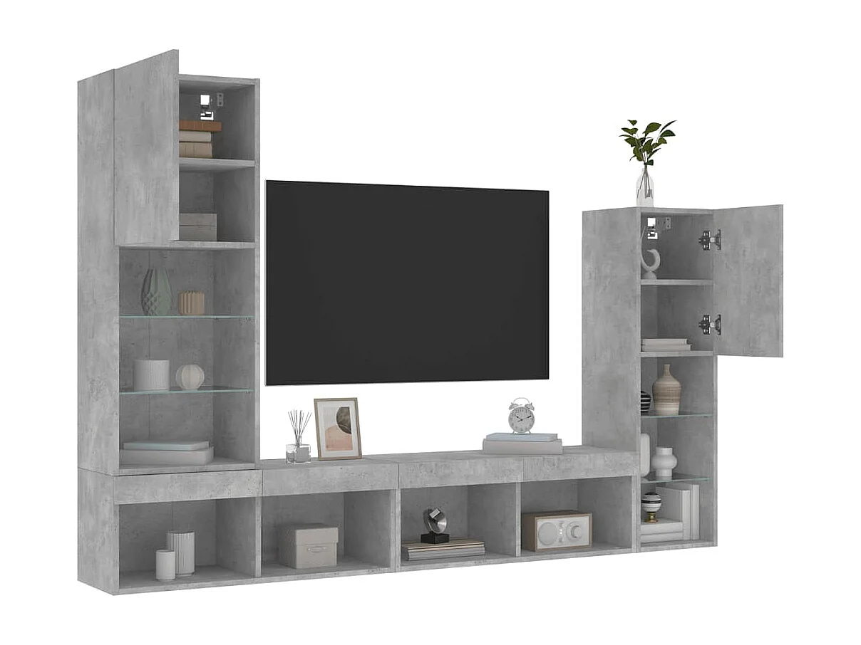 4 peças móveis parede p/ TV c/ LEDs deriv. madeira cinza cimento