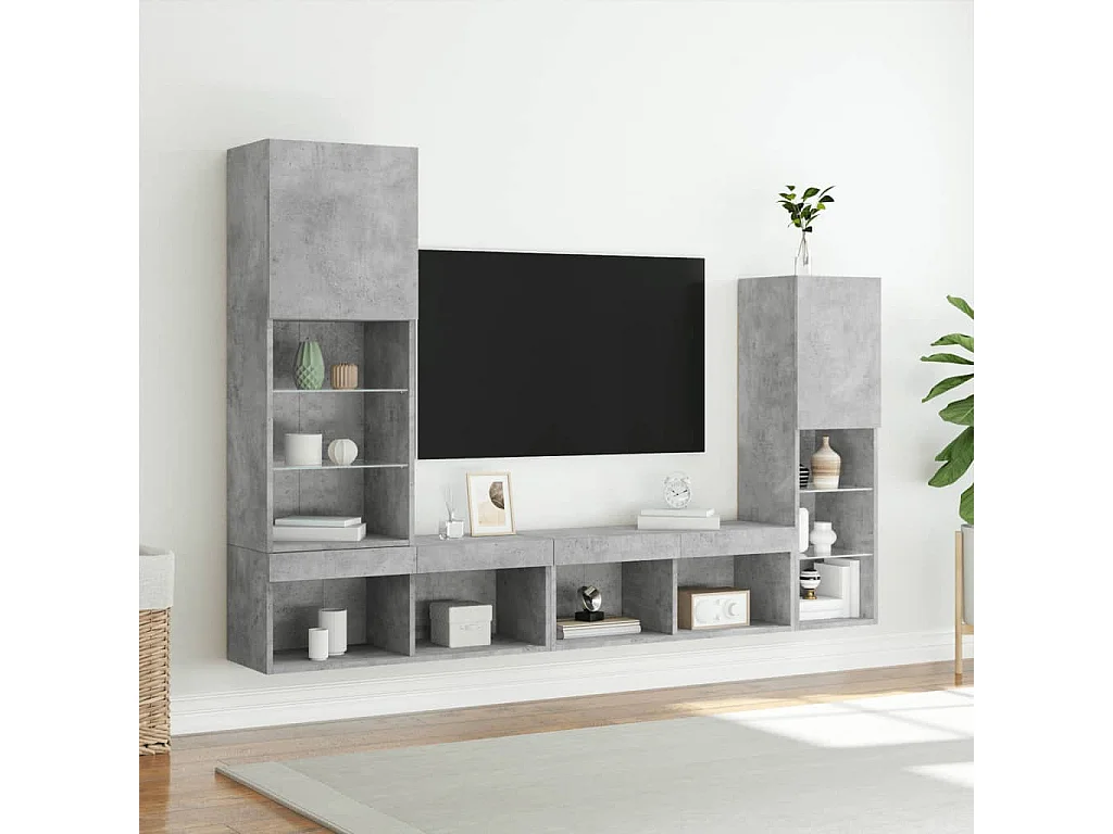 4 peças móveis parede p/ TV c/ LEDs deriv. madeira cinza cimento
