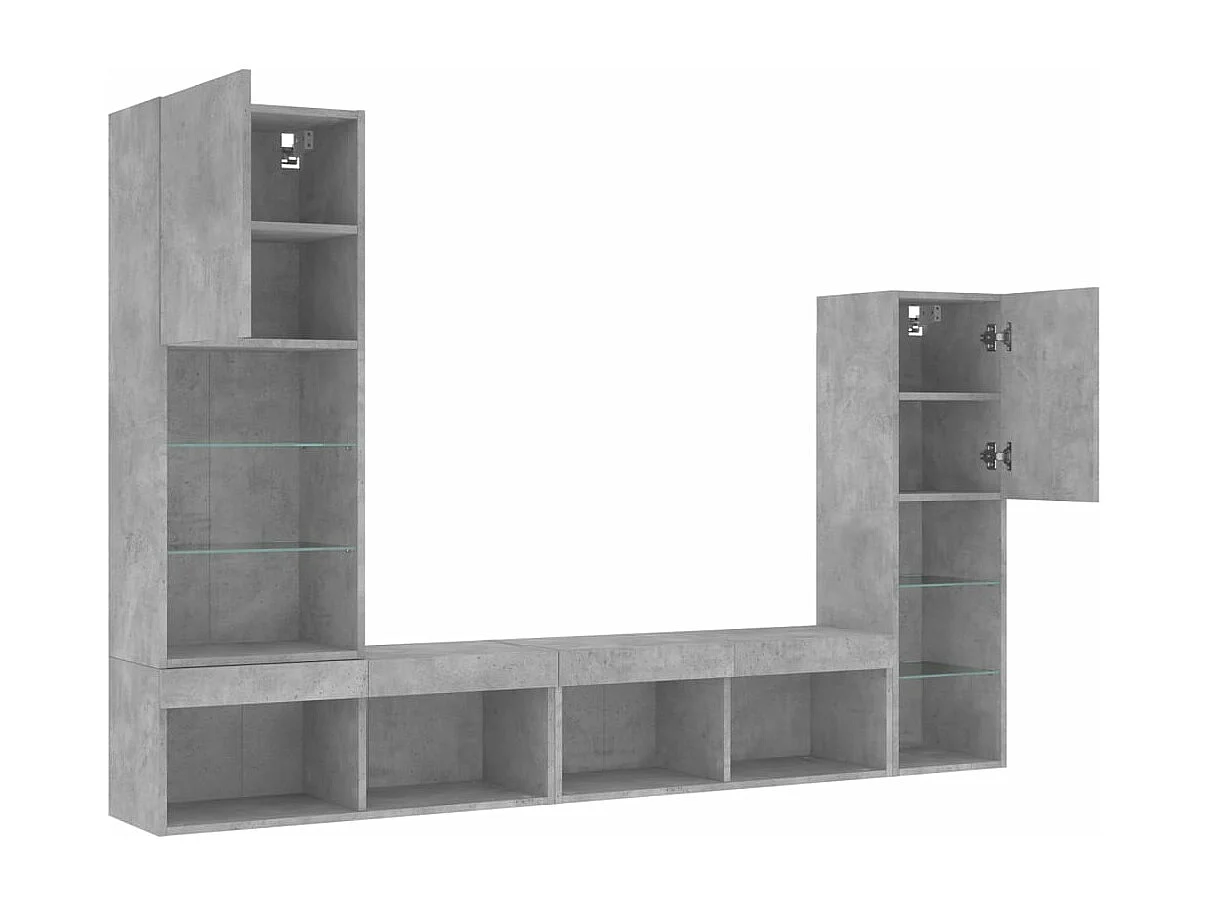 4 peças móveis parede p/ TV c/ LEDs deriv. madeira cinza cimento