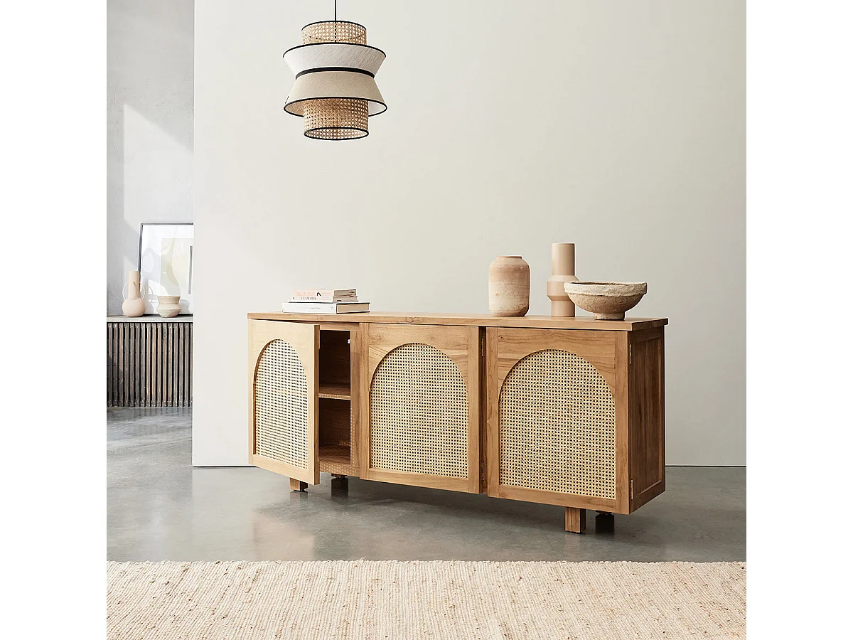 Aparador de madera de teca maciza y rejilla de 180 cm