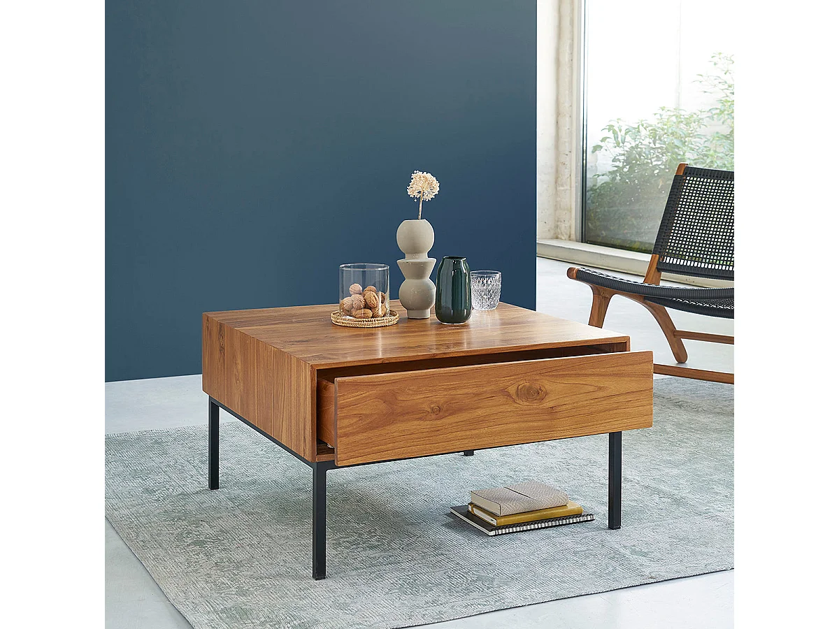 Mesa de centro de madera de teca maciza y metal