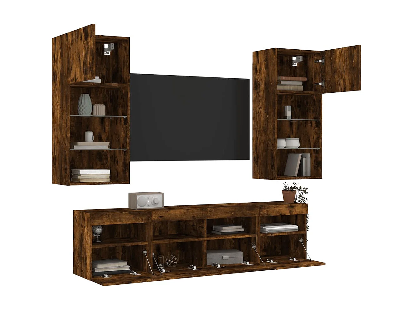 5-delige tv-wandmeubelset met LED bewerkt hout gerookt eiken