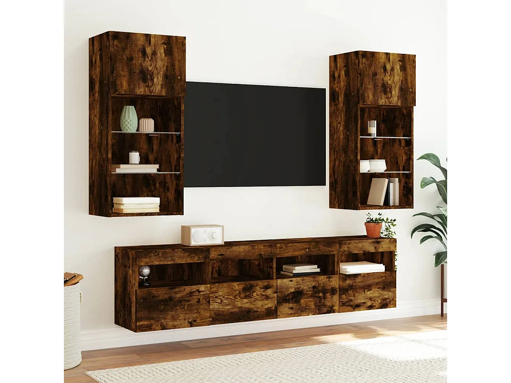 5-delige tv-wandmeubelset met LED bewerkt hout gerookt eiken