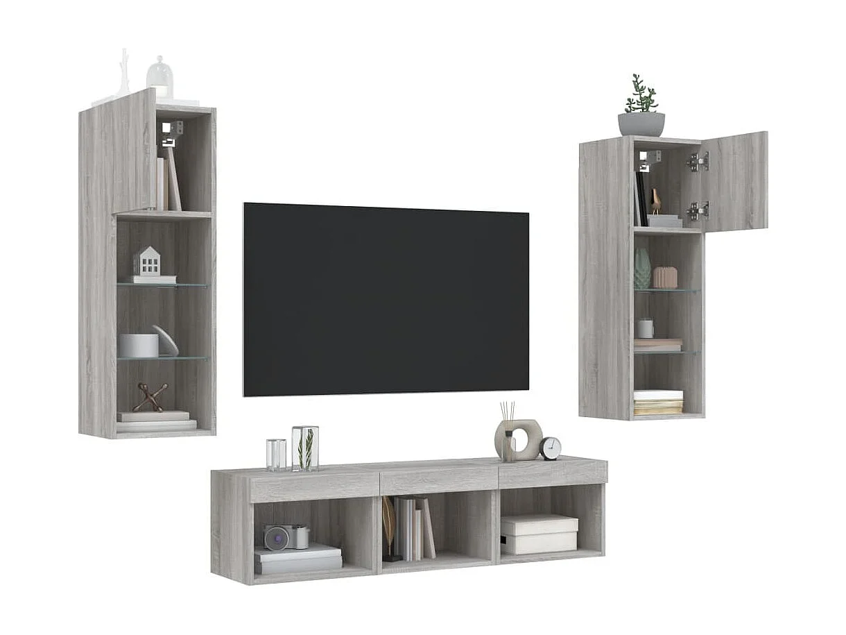 Unités murales TV avec LED 5 pièces gris sonoma bois d'ingénierie
